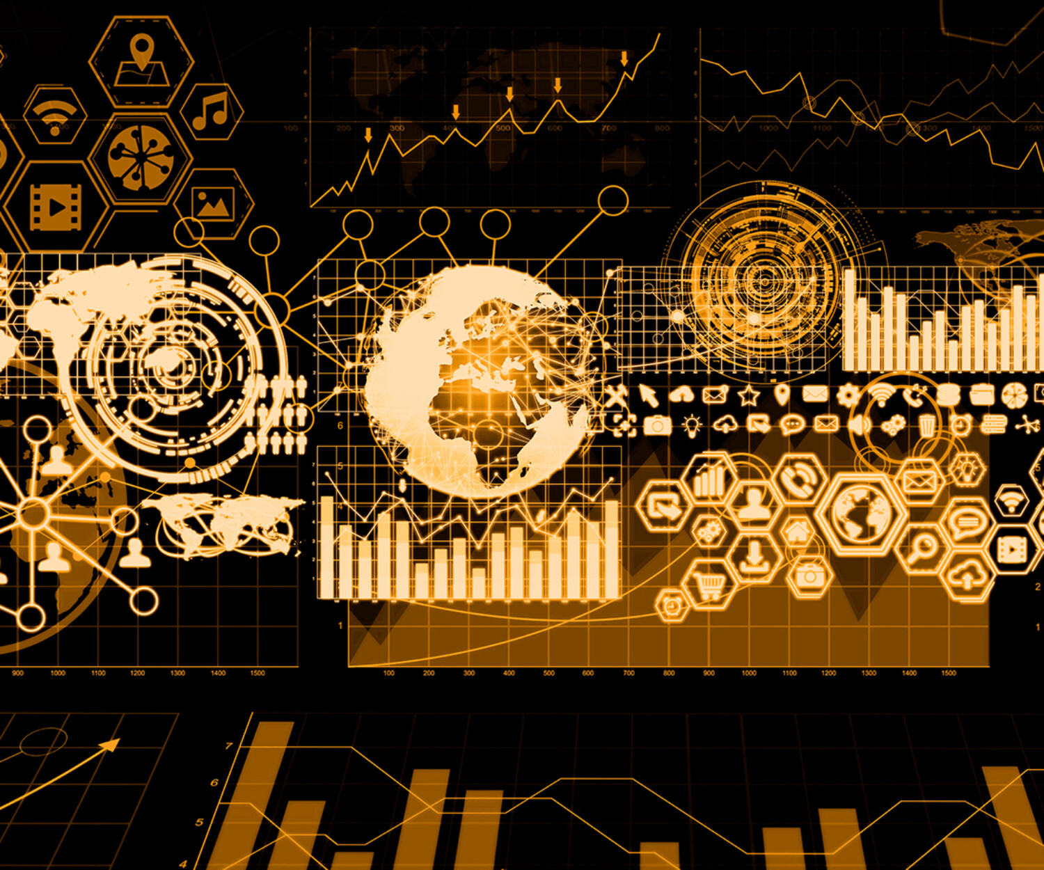 Numerous charts, screens and graphics background interface